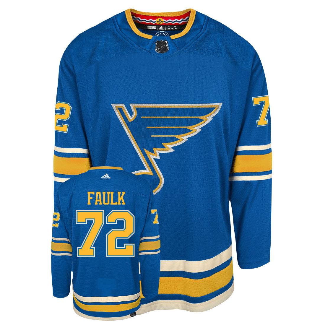 Justin Faulk St Louis Blues Adidas Primegreen Authentic Third Alternate NHL Hockey Jersey - Front/Back View