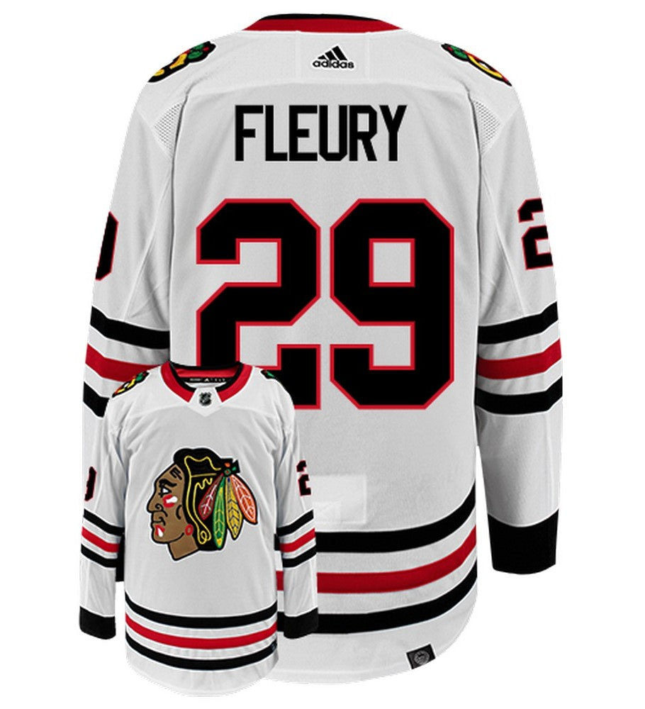 Marc-Andre Fleury Chicago Blackhawks Adidas Primegreen Authentic Away NHL Hockey Jersey - Back/Front View