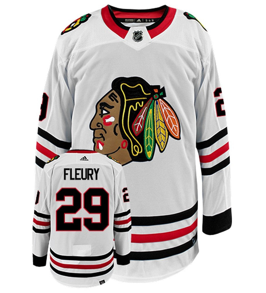 Marc-Andre Fleury Chicago Blackhawks Adidas Primegreen Authentic Away NHL Hockey Jersey - Front/Back View