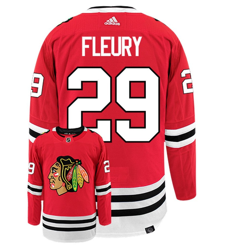 Marc-Andre Fleury Chicago Blackhawks Adidas Primegreen Authentic Home NHL Hockey Jersey - Back/Front View