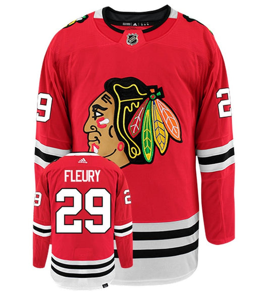 Marc-Andre Fleury Chicago Blackhawks Adidas Primegreen Authentic Home NHL Hockey Jersey - Front/Back View