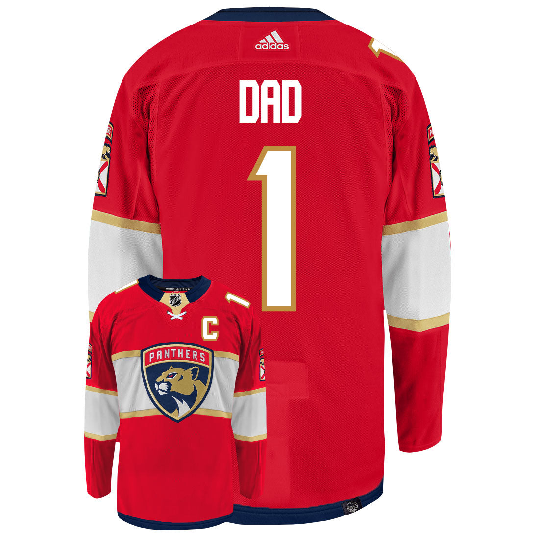 Florida Panthers Dad Number One Adidas Primegreen Authentic NHL Hockey Jersey - Back/Front View