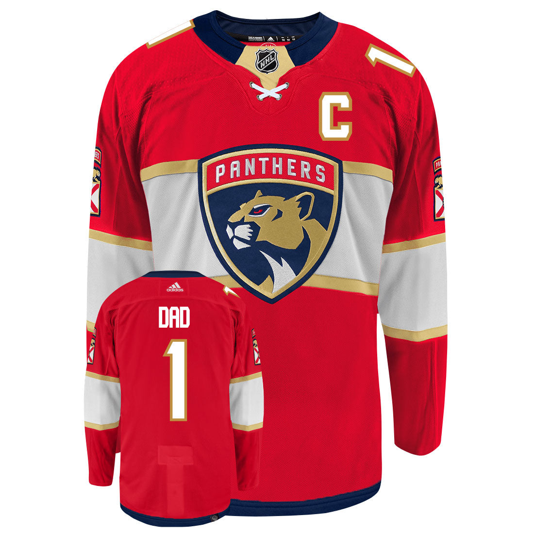 Florida Panthers Dad Number One Adidas Primegreen Authentic NHL Hockey Jersey - Front/Back View