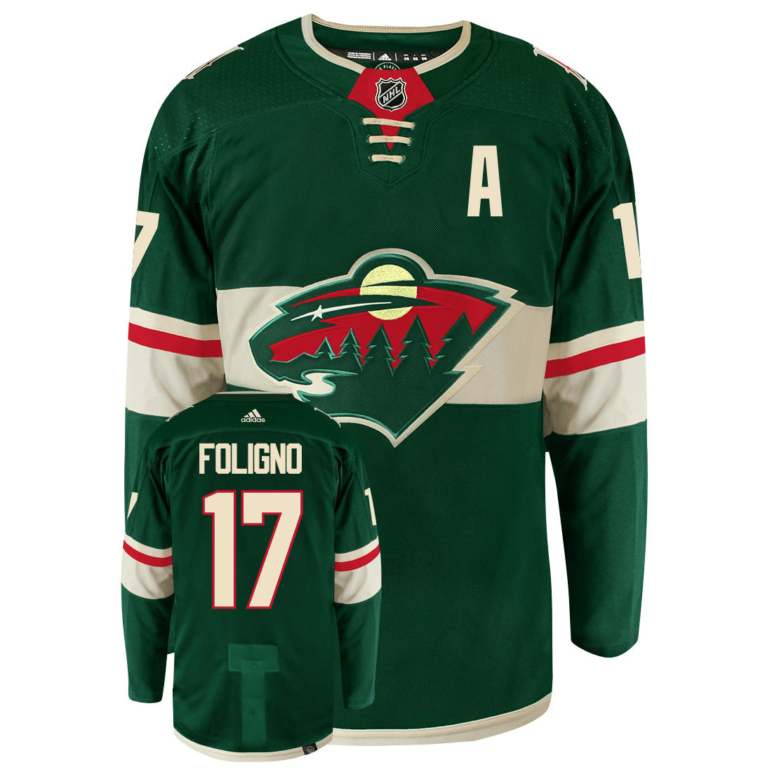Marcus Foligno Minnesota Wild Adidas Primegreen Authentic NHL Hockey Jersey - Front/Back View