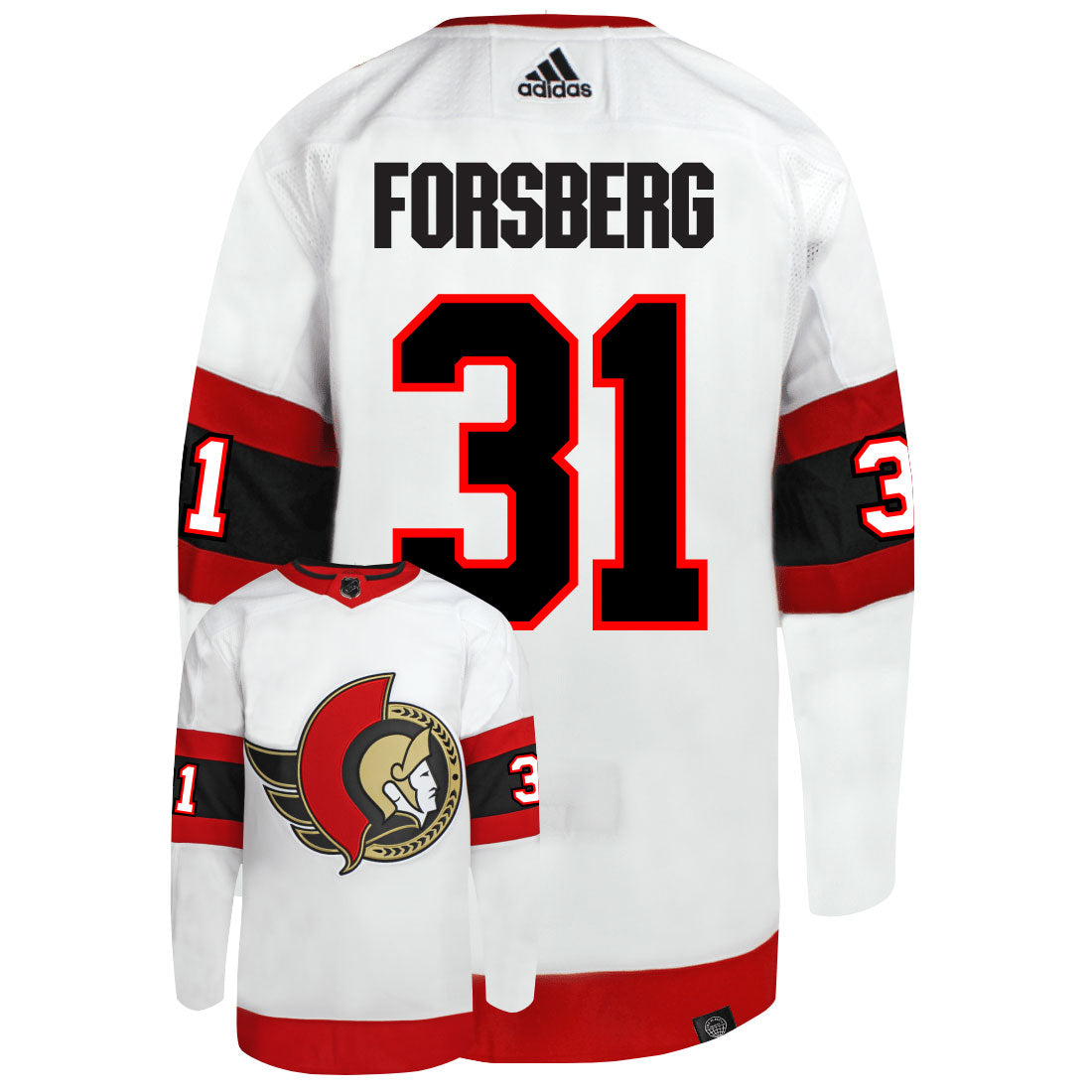 Anton Forsberg Ottawa Senators Adidas Primegreen Authentic Away NHL Hockey Jersey - Back/Front View