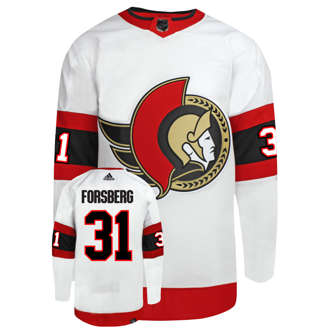 Anton Forsberg Ottawa Senators Adidas Primegreen Authentic Away NHL Hockey Jersey - Front/Back View