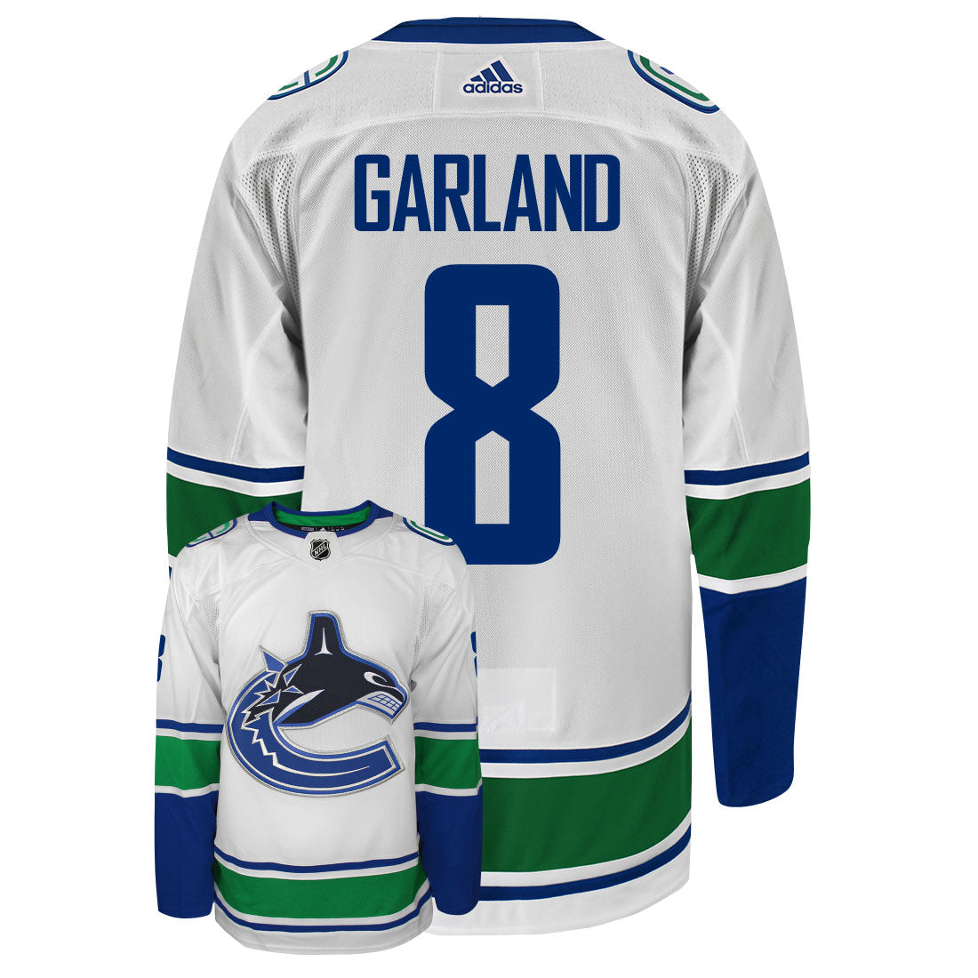 Conor Garland Vancouver Canucks Adidas Primegreen Authentic Away NHL Hockey Jersey - Back/Front View