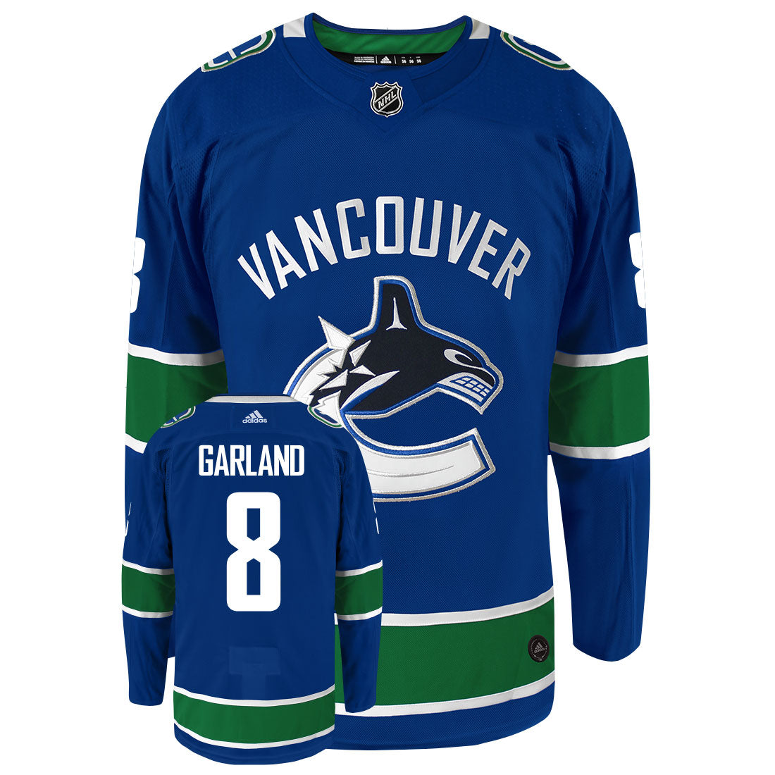 Conor Garland Vancouver Canucks Adidas Primegreen Authentic Home NHL Hockey Jersey - Front/Back View