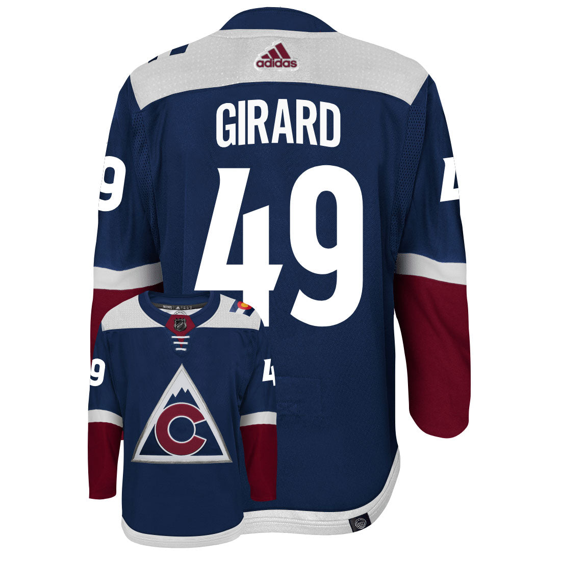 Samuel Girard Colorado Avalanche Adidas Primegreen Authentic Third Alternate NHL Hockey Jersey - Back/Front View