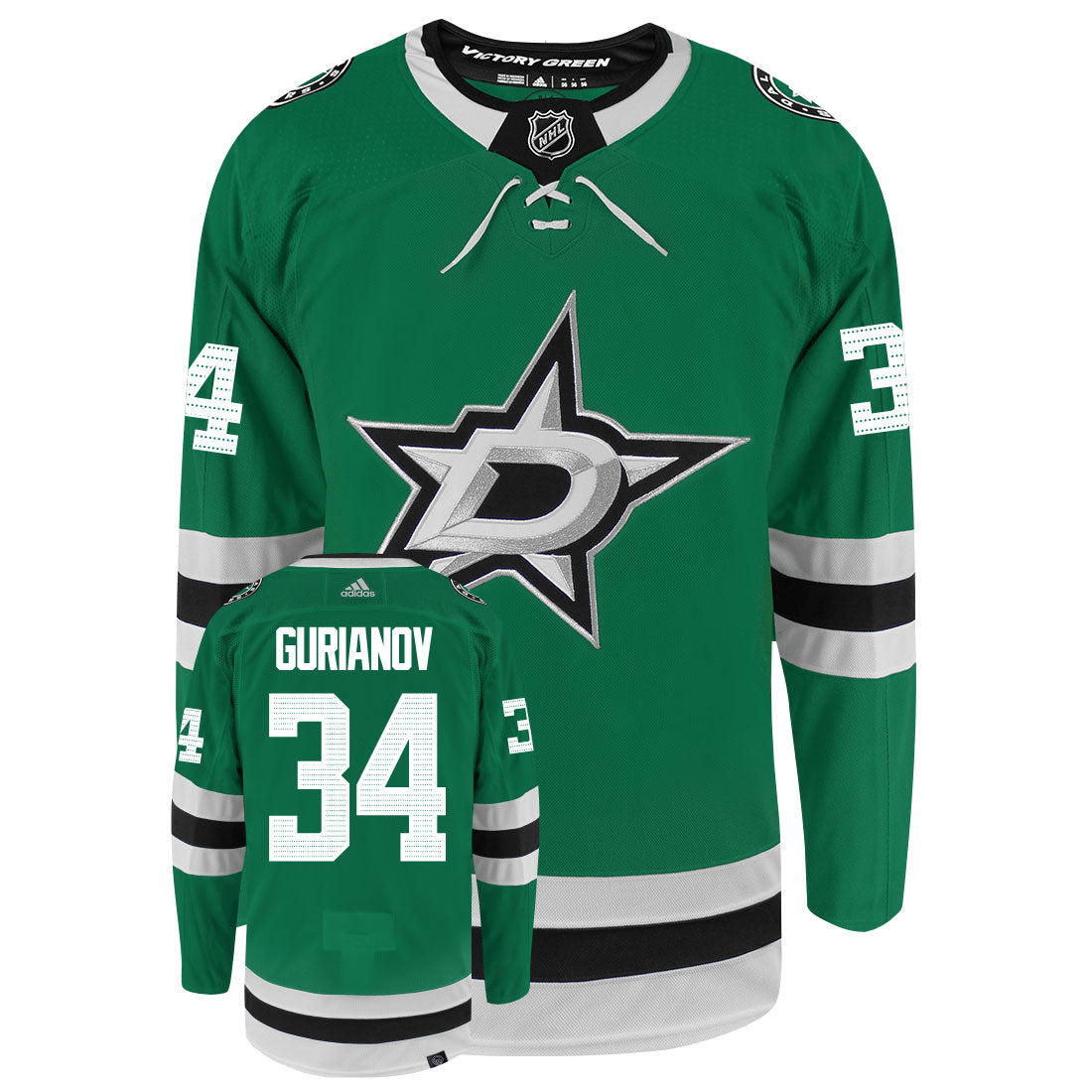 Denis Gurianov Dallas Stars Adidas Primegreen Authentic Home NHL Hockey Jersey - Front/Back View