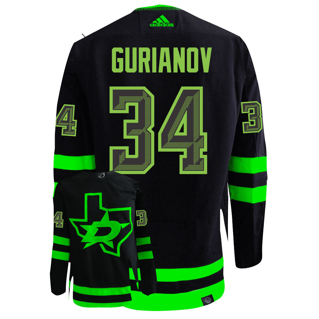 Denis Gurianov Dallas Stars Adidas Primegreen Authentic Third Alternate NHL Hockey Jersey - Back/Front View