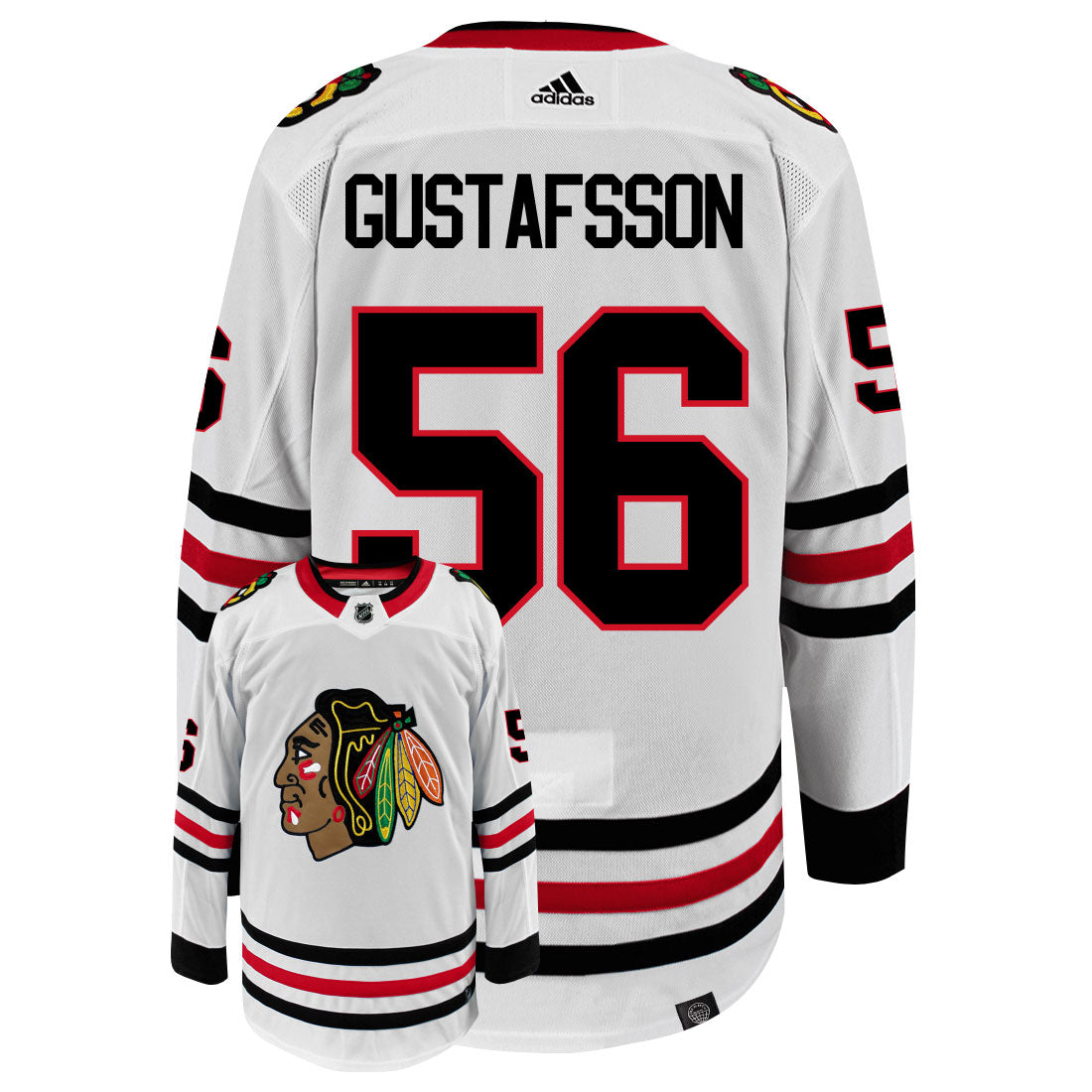 Erik Gustafsson Chicago Blackhawks Adidas Primegreen Authentic Away NHL Hockey Jersey - Back/Front View