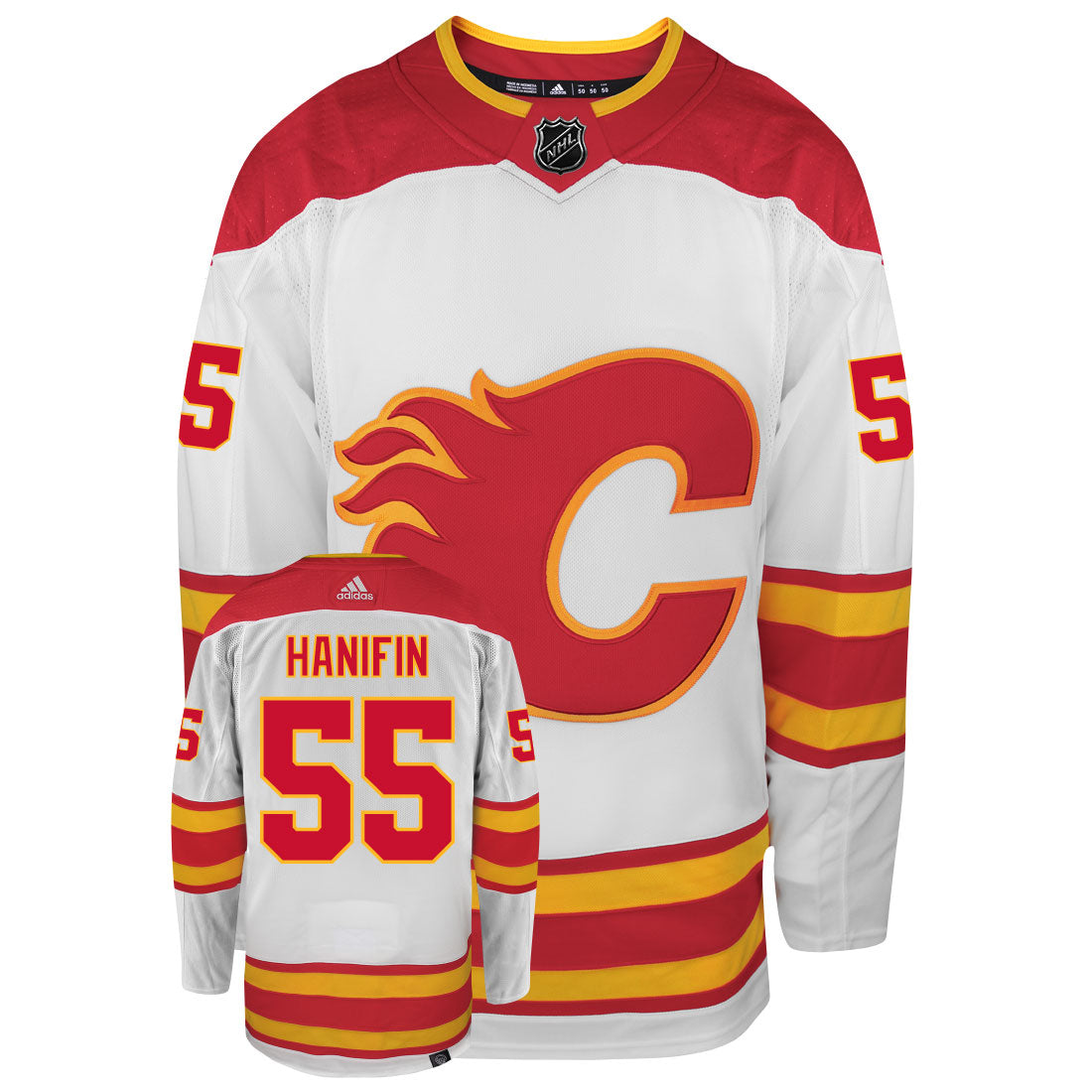 Noah Hanifin Calgary Flames Adidas Primegreen Authentic Away NHL Hockey Jersey - Front/Back View