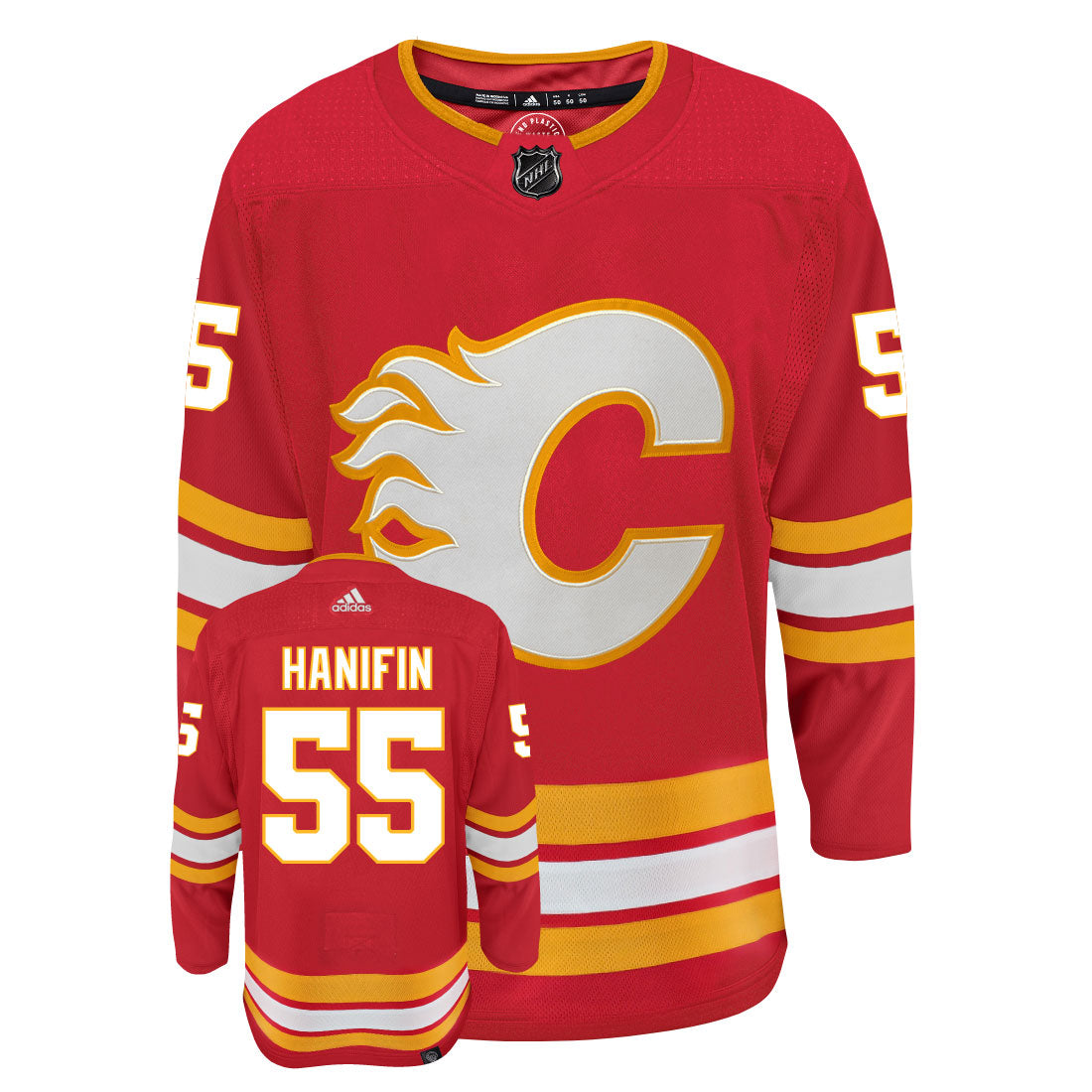 Noah Hanifin Calgary Flames Adidas Primegreen Authentic Home NHL Hockey Jersey - Front/Back View
