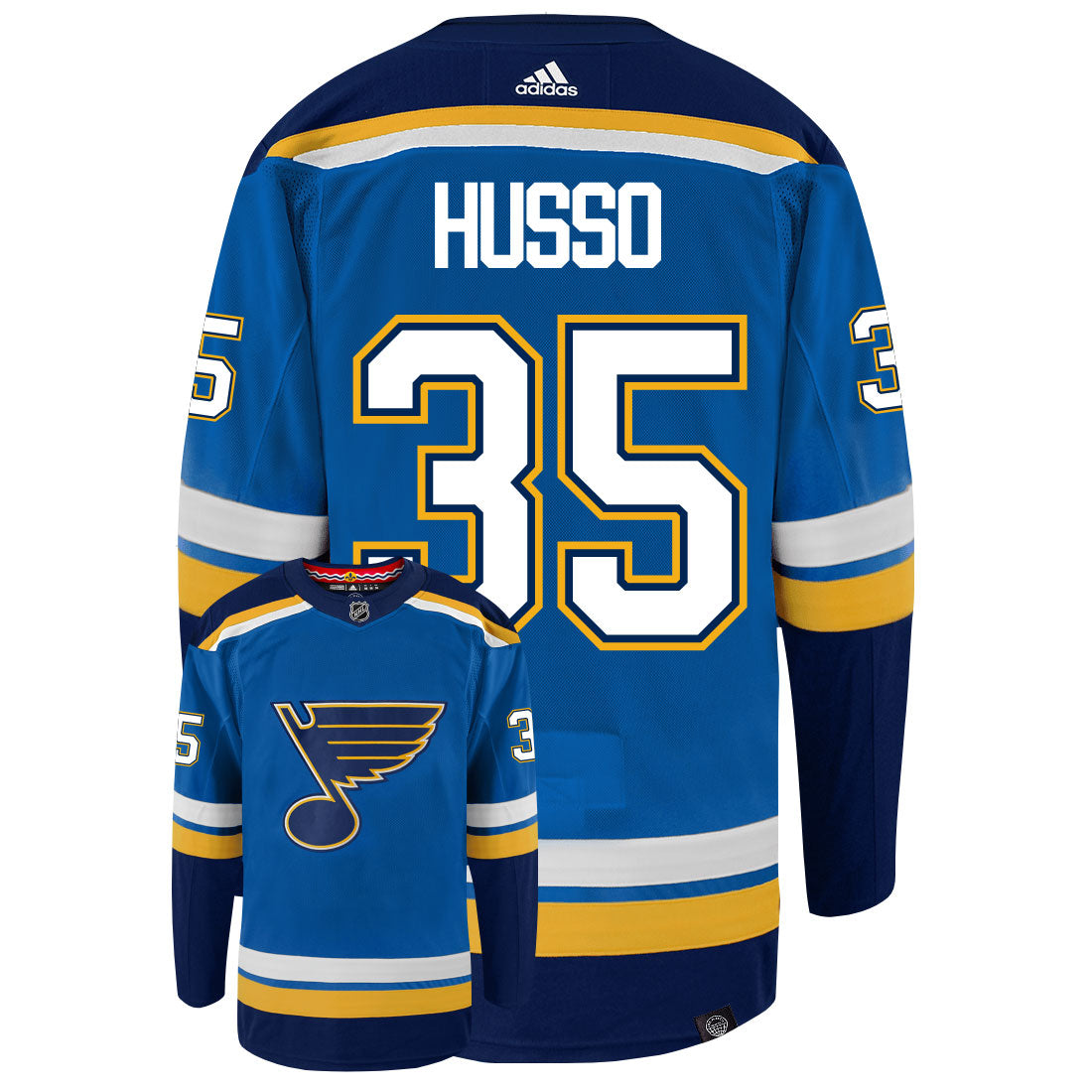 Ville Husso St Louis Blues Adidas Primegreen Authentic Home NHL Hockey Jersey - Back/Front View