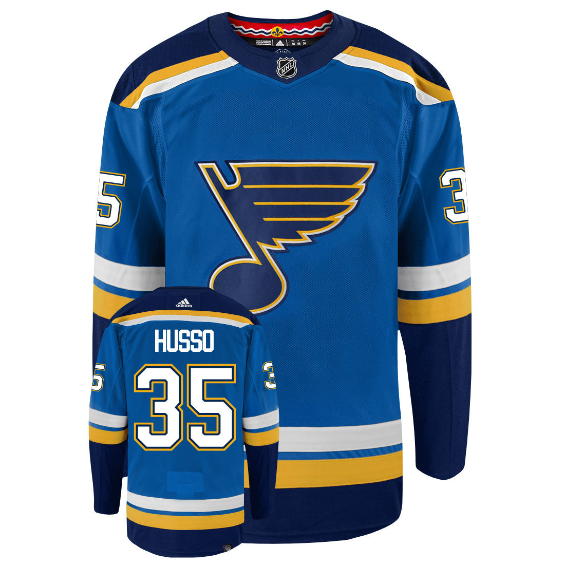 Ville Husso St Louis Blues Adidas Primegreen Authentic Home NHL Hockey Jersey - Front/Back View