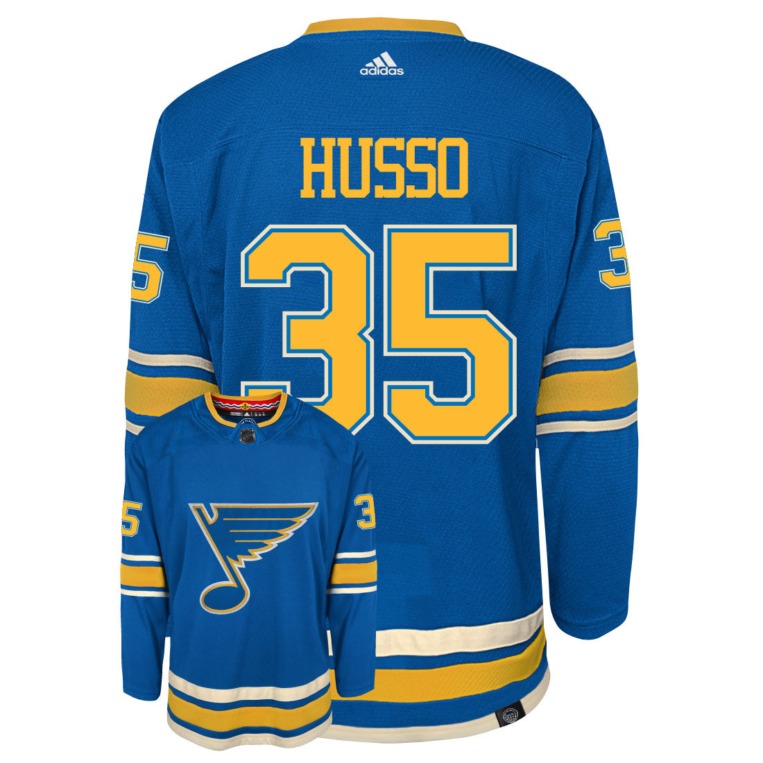 Ville Husso St Louis Blues Adidas Primegreen Authentic Third Alternate NHL Hockey Jersey - Back/Front View