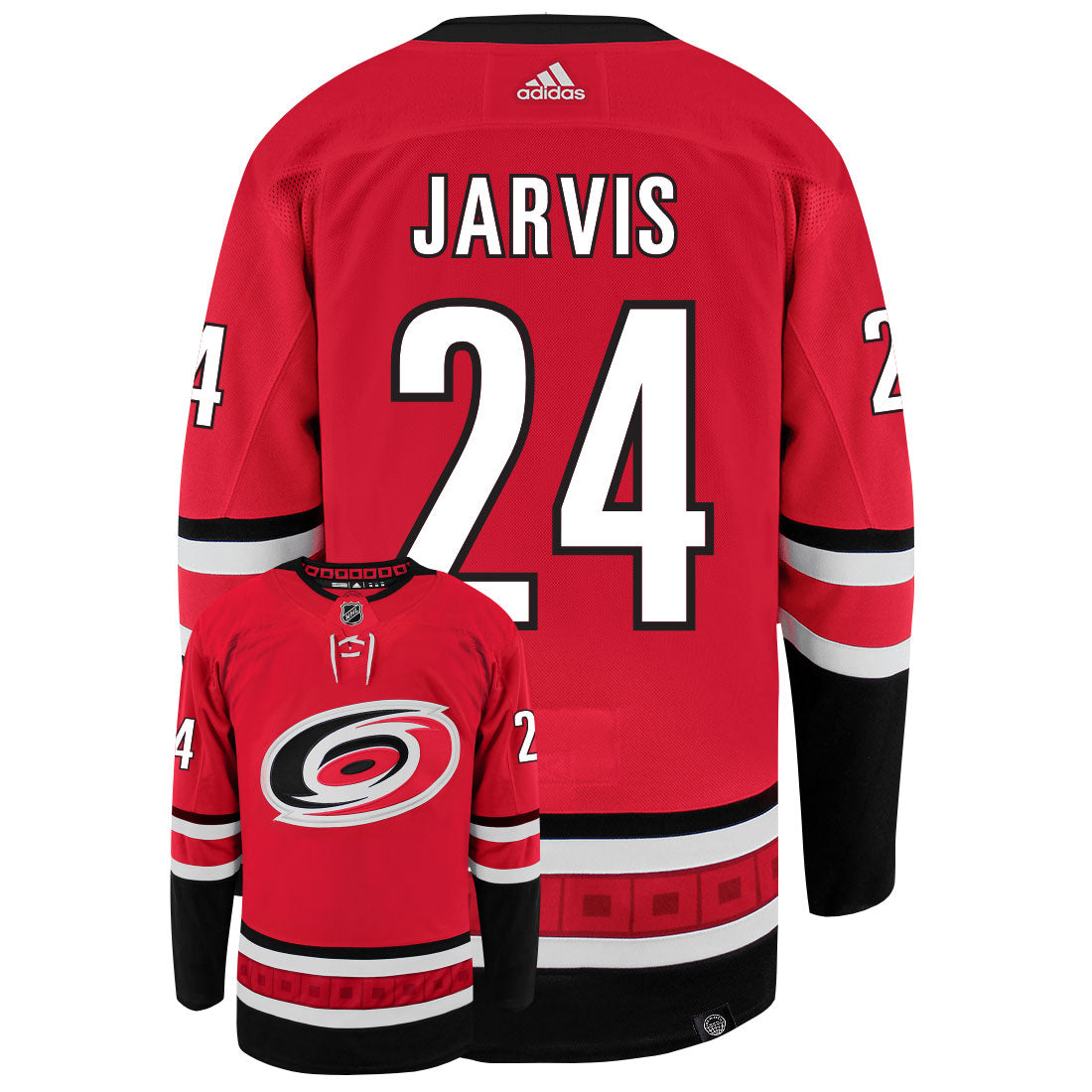 Seth Jarvis Carolina Hurricanes Adidas Primegreen Authentic Home NHL Hockey Jersey - Back/Front View