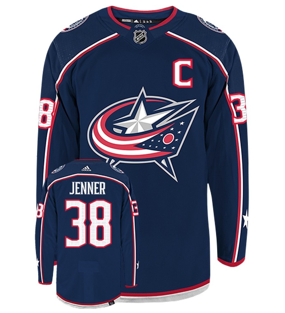 Boone Jenner Columbus Blue Jackets  Adidas Primegreen Authentic Home NHL Hockey Jersey - Front/Back View