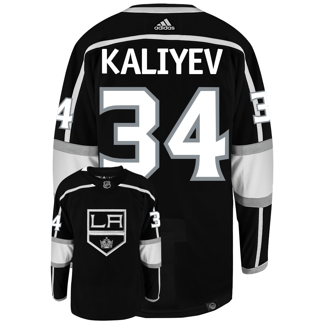 Arthur Kaliyev Los Angeles Kings Adidas Primegreen Authentic Home NHL Hockey Jersey - Back/Front View