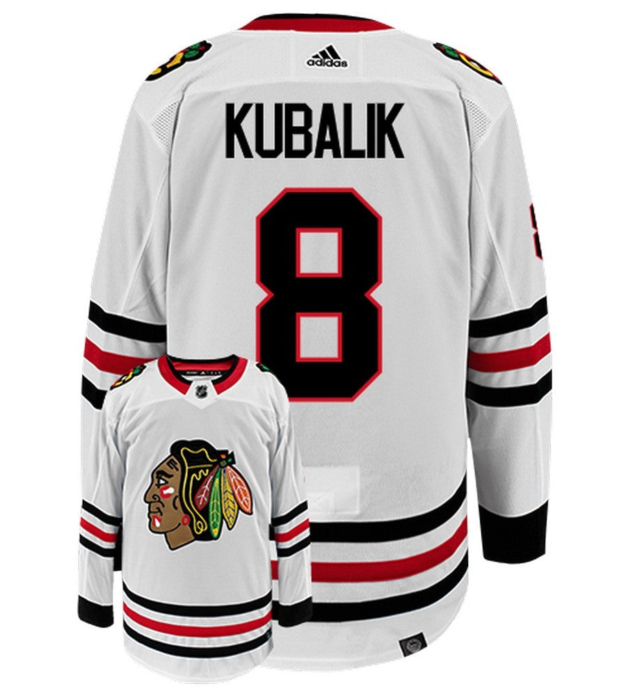 Dominik Kubalik Chicago Blackhawks Adidas Primegreen Authentic Away NHL Hockey Jersey - Back/Front View
