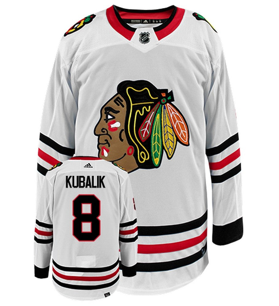 Dominik Kubalik Chicago Blackhawks Adidas Primegreen Authentic Away NHL Hockey Jersey - Front/Back View