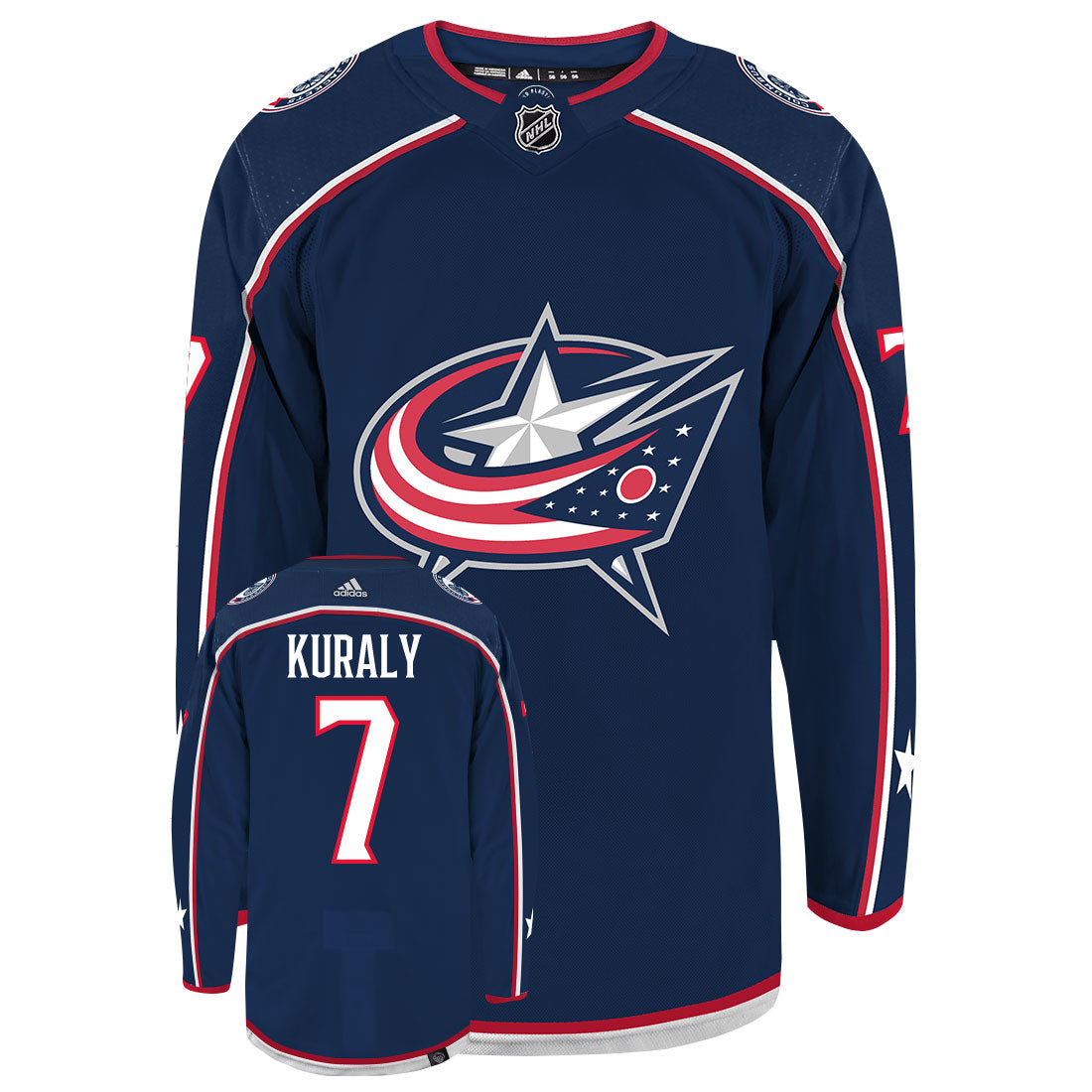 Sean Kuraly Columbus Blue Jackets Adidas Primegreen Authentic Home NHL Hockey Jersey - Front/Back View