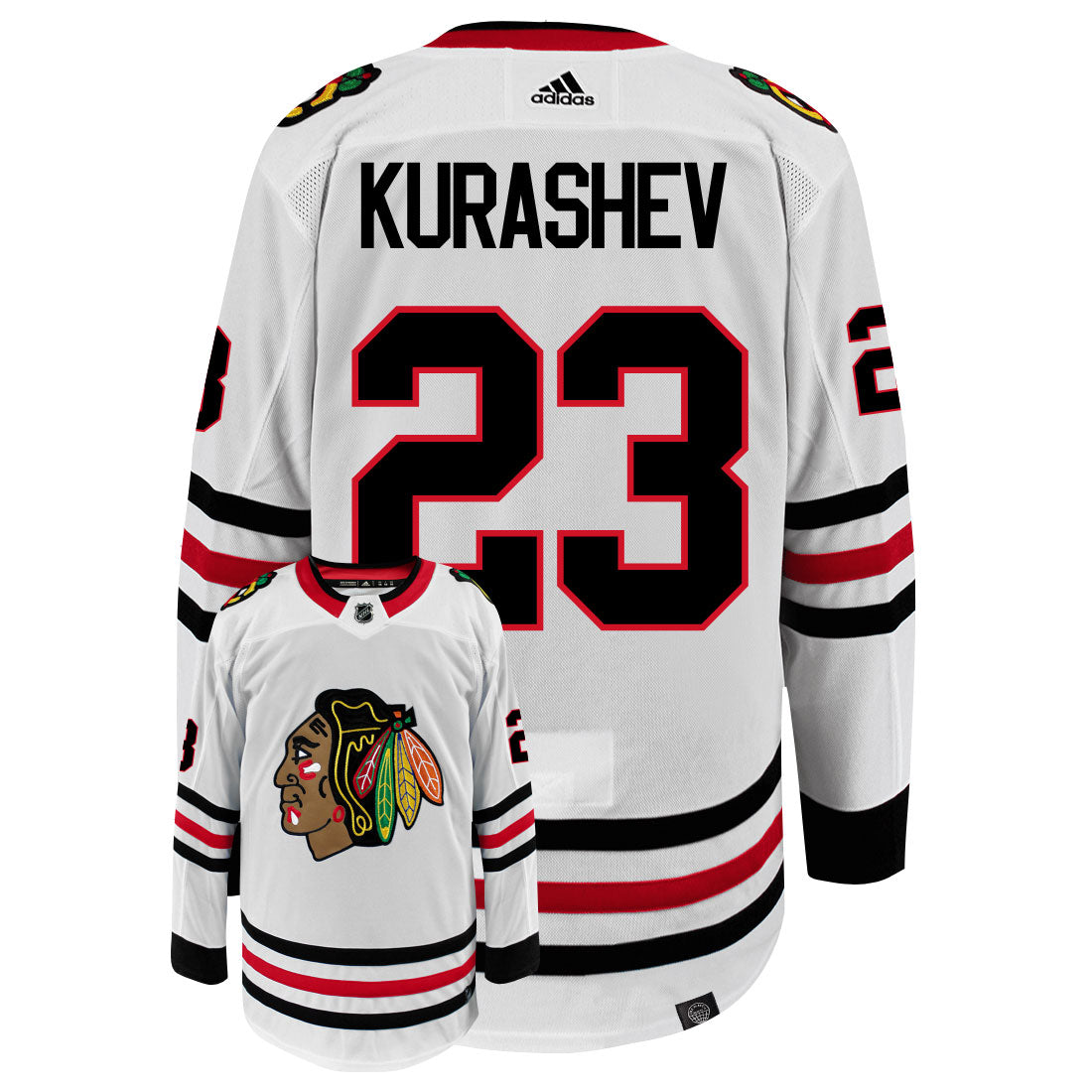 Philipp Kurashev Chicago Blackhawks Adidas Primegreen Authentic Away NHL Hockey Jersey - Back/Front View