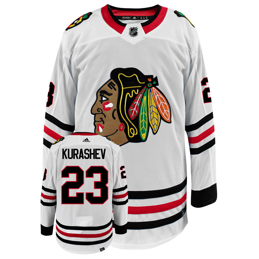 Philipp Kurashev Chicago Blackhawks Adidas Primegreen Authentic Away NHL Hockey Jersey - Front/Back View