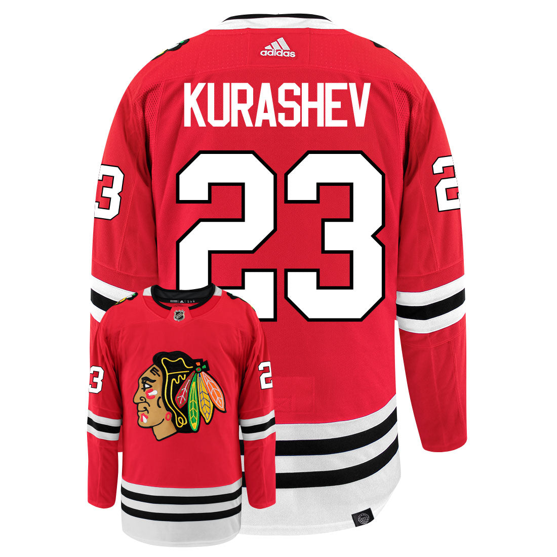 Philipp Kurashev Chicago Blackhawks Adidas Primegreen Authentic Home NHL Hockey Jersey - Back/Front View
