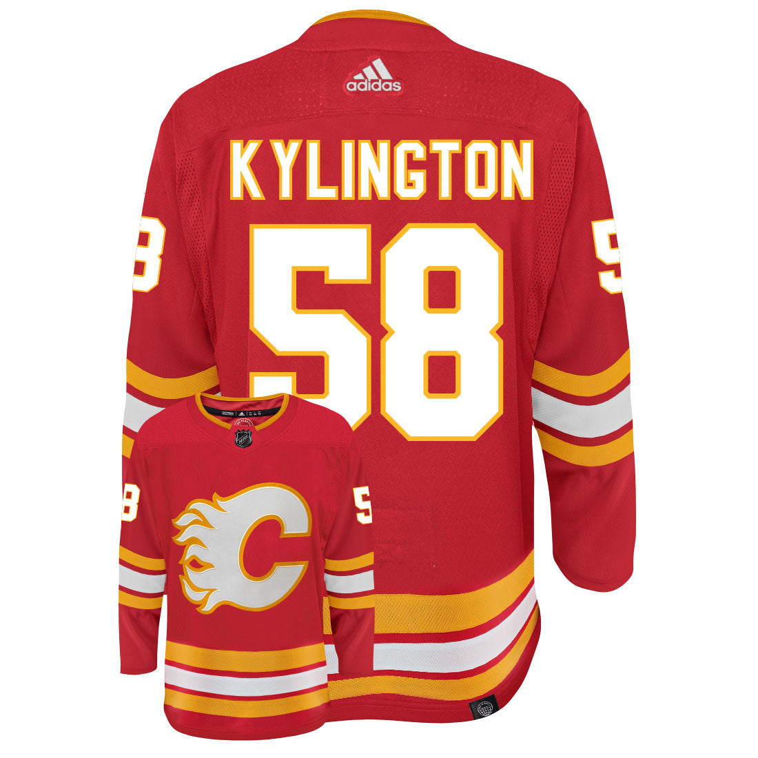 Oliver Kylington Calgary Flames Adidas Primegreen Authentic Home NHL Hockey Jersey - Back/Front View