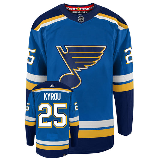 Jordan Kyrou St Louis Blues Adidas Primegreen Authentic Home NHL Hockey Jersey - Front/Back View