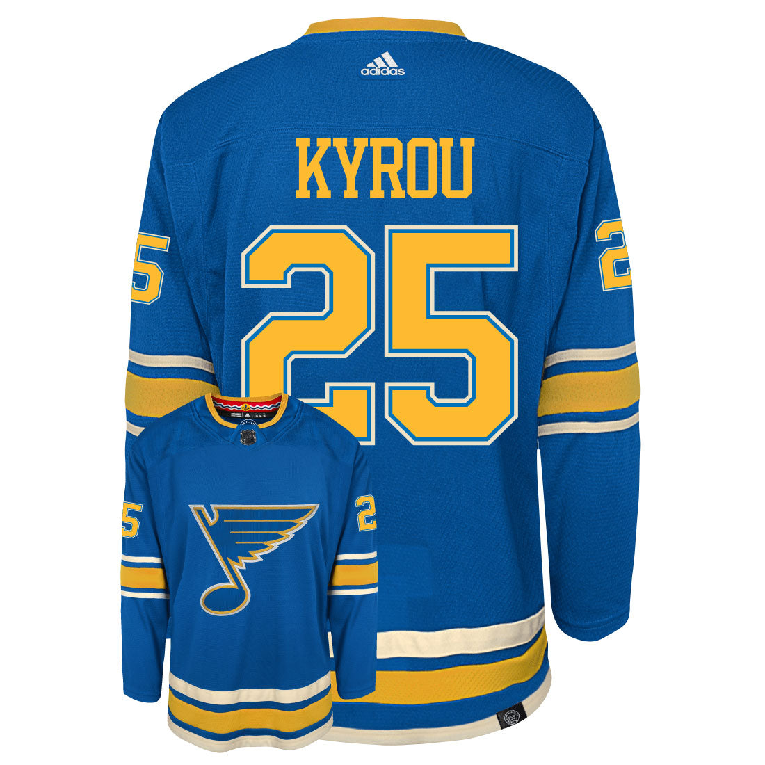 Jordan Kyrou St Louis Blues Adidas Primegreen Authentic Third Alternate NHL Hockey Jersey - Back/Front View