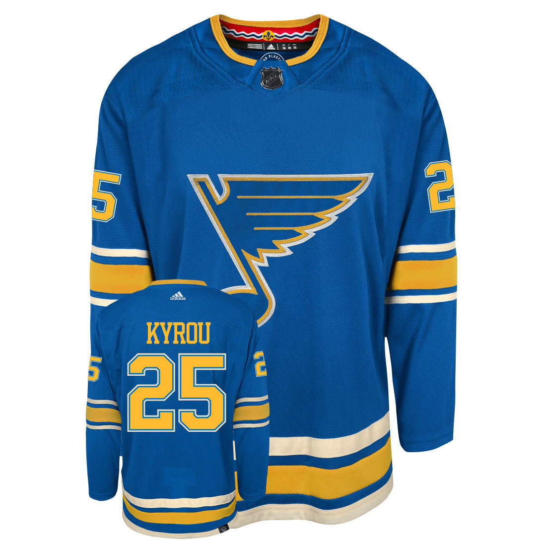 Jordan Kyrou St Louis Blues Adidas Primegreen Authentic Third Alternate NHL Hockey Jersey - Front/Back View