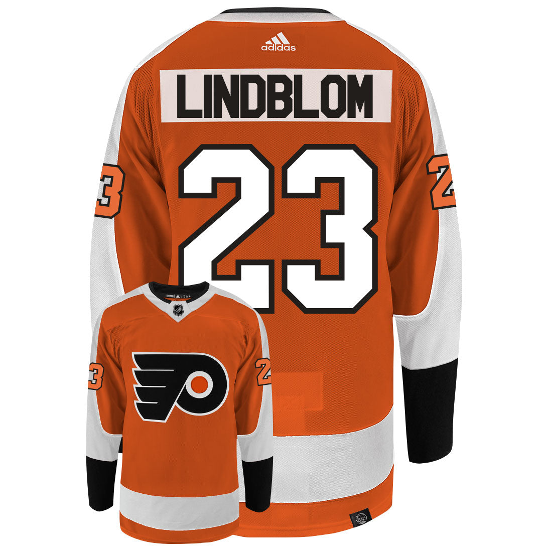 Oskar Lindblom Philadelphia Flyers Adidas Primegreen Authentic Home NHL Hockey Jersey - Back/Front View