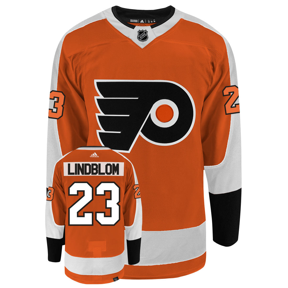 Oskar Lindblom Philadelphia Flyers Adidas Primegreen Authentic Home NHL Hockey Jersey - Front/Back View