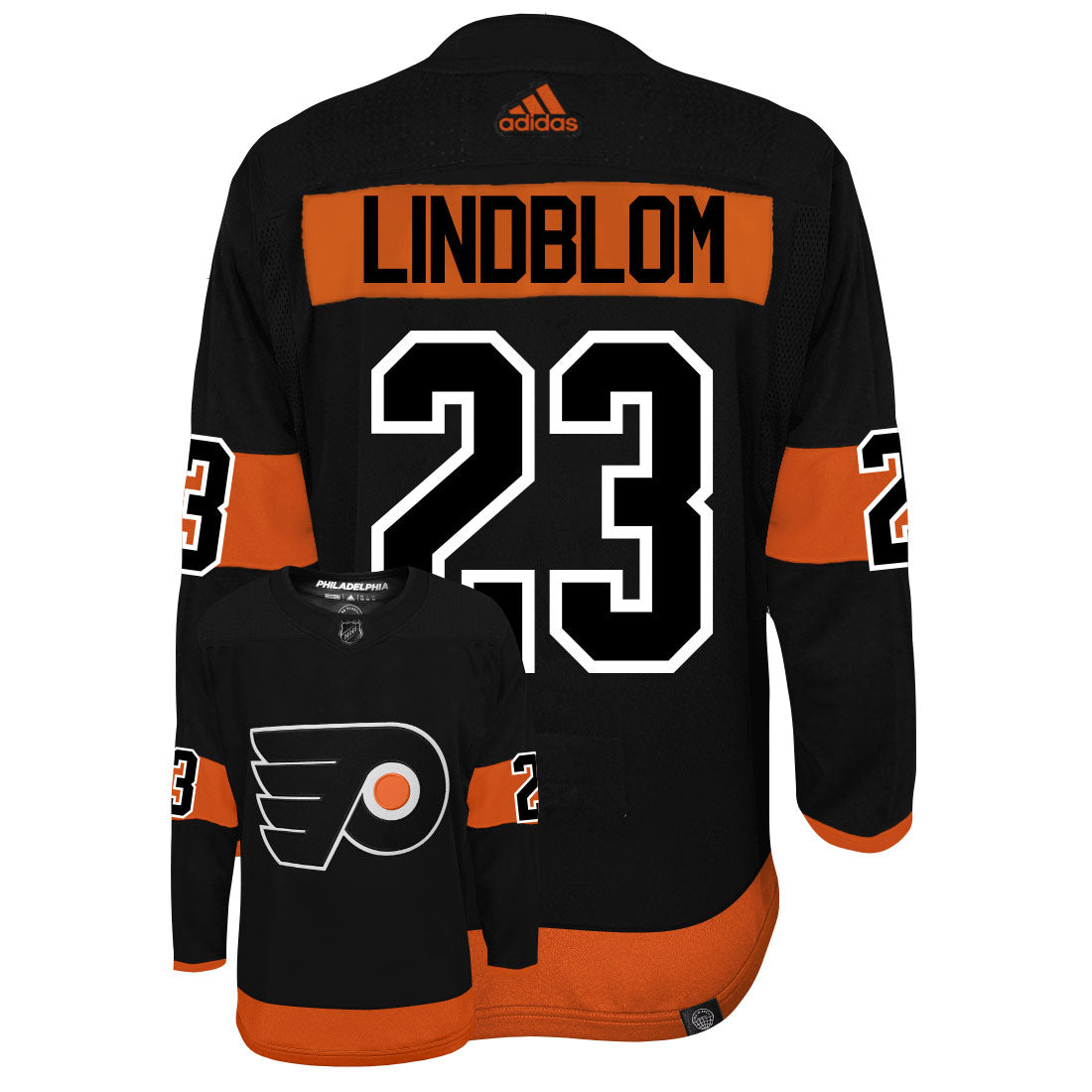 Oskar Lindblom Philadelphia Flyers Adidas Primegreen Authentic Third Alternate NHL Hockey Jersey - Back/Front View