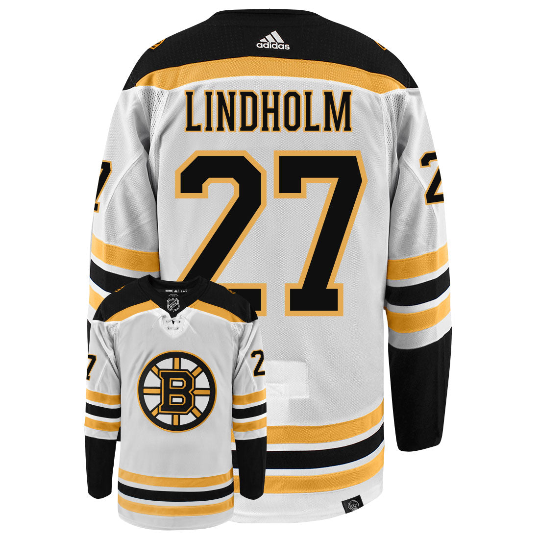 Hampus Lindholm Boston Bruins Adidas Primegreen Authentic Away NHL Hockey Jersey - Back/Front View