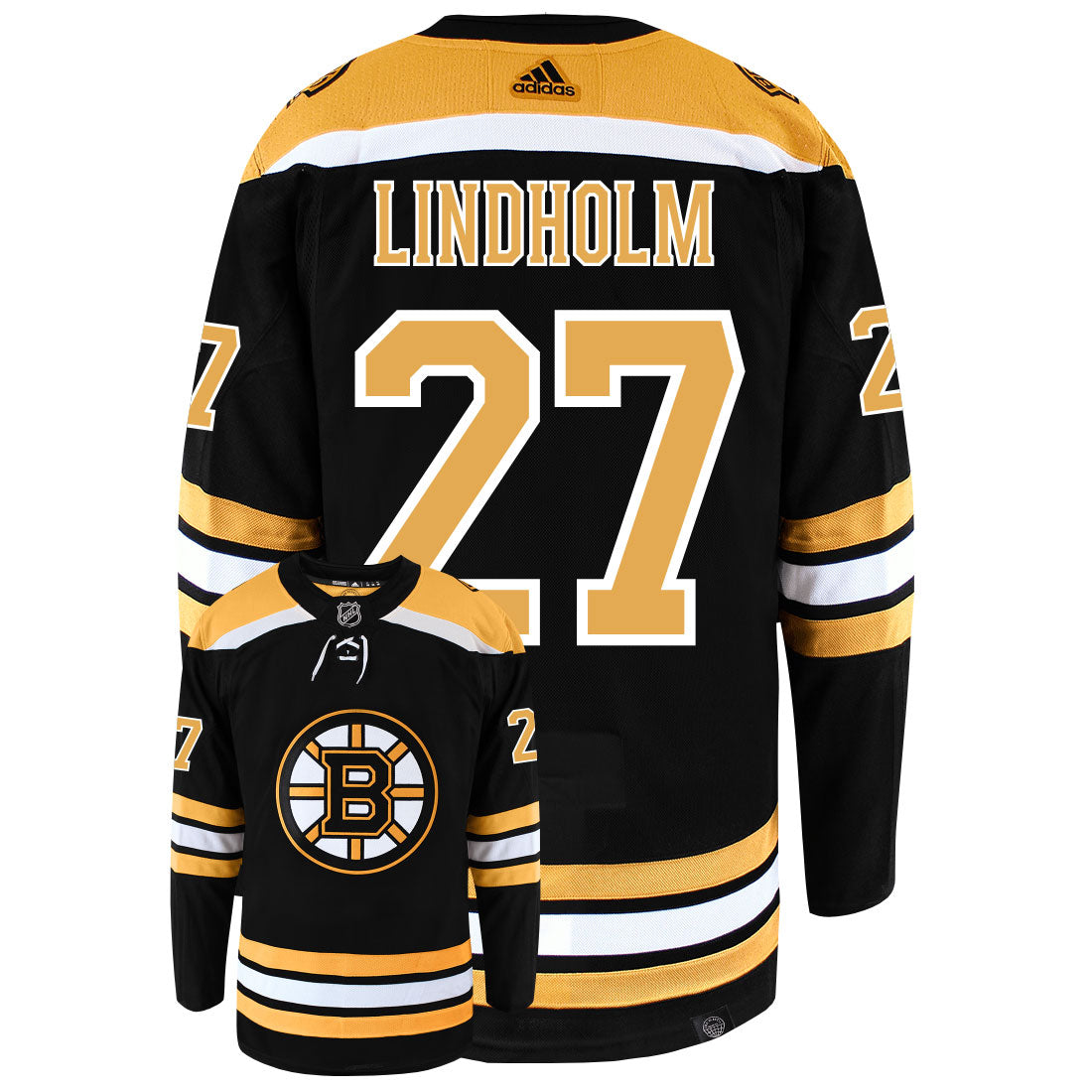 Hampus Lindholm Boston Bruins Adidas Primegreen Authentic Home NHL Hockey Jersey - Back/Front View