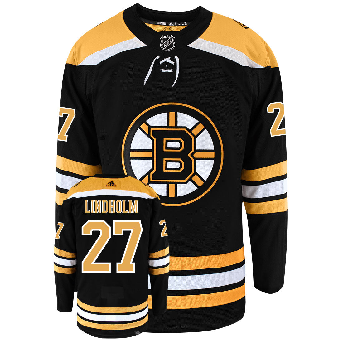 Hampus Lindholm Boston Bruins Adidas Primegreen Authentic Home NHL Hockey Jersey - Front/Back View