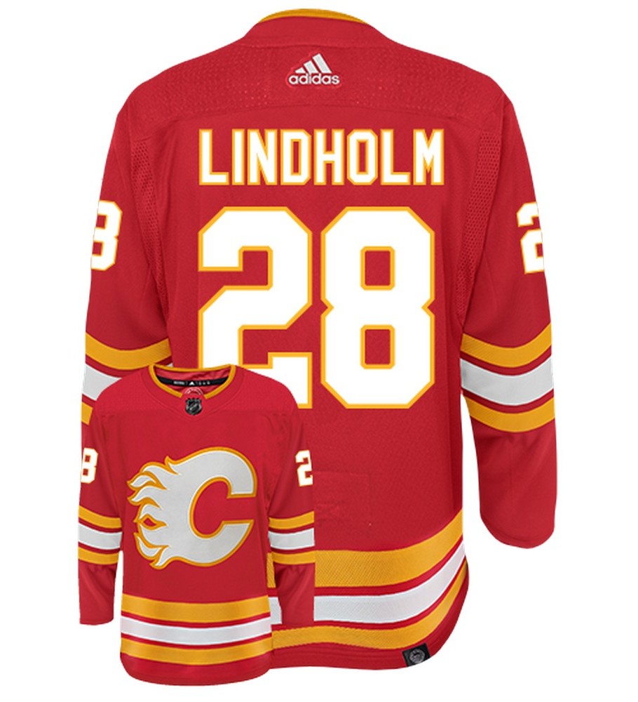 Elias Lindholm Calgary Flames Adidas Primegreen Authentic Home NHL Hockey Jersey - Back/Front View