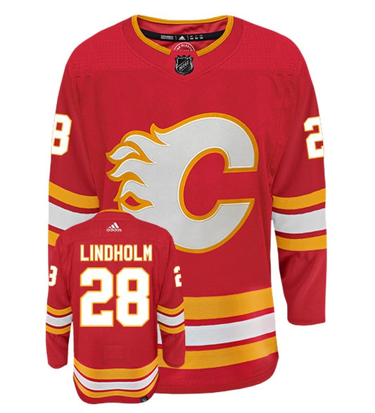 Elias Lindholm Calgary Flames Adidas Primegreen Authentic Home NHL Hockey Jersey - Front/Back View