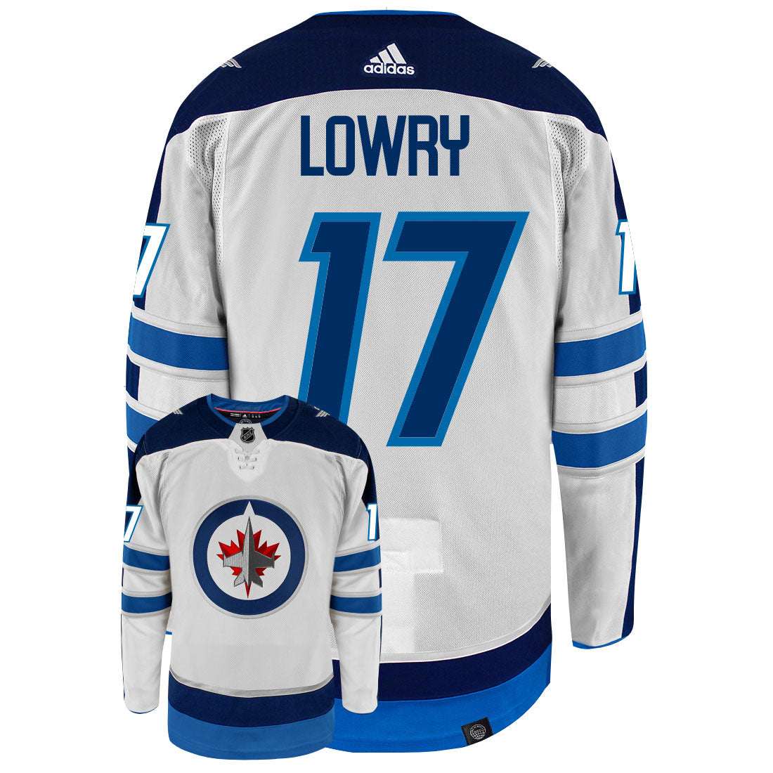 Adam Lowry Winnipeg Jets Adidas Primegreen Authentic Away NHL Hockey Jersey - Back/Front View