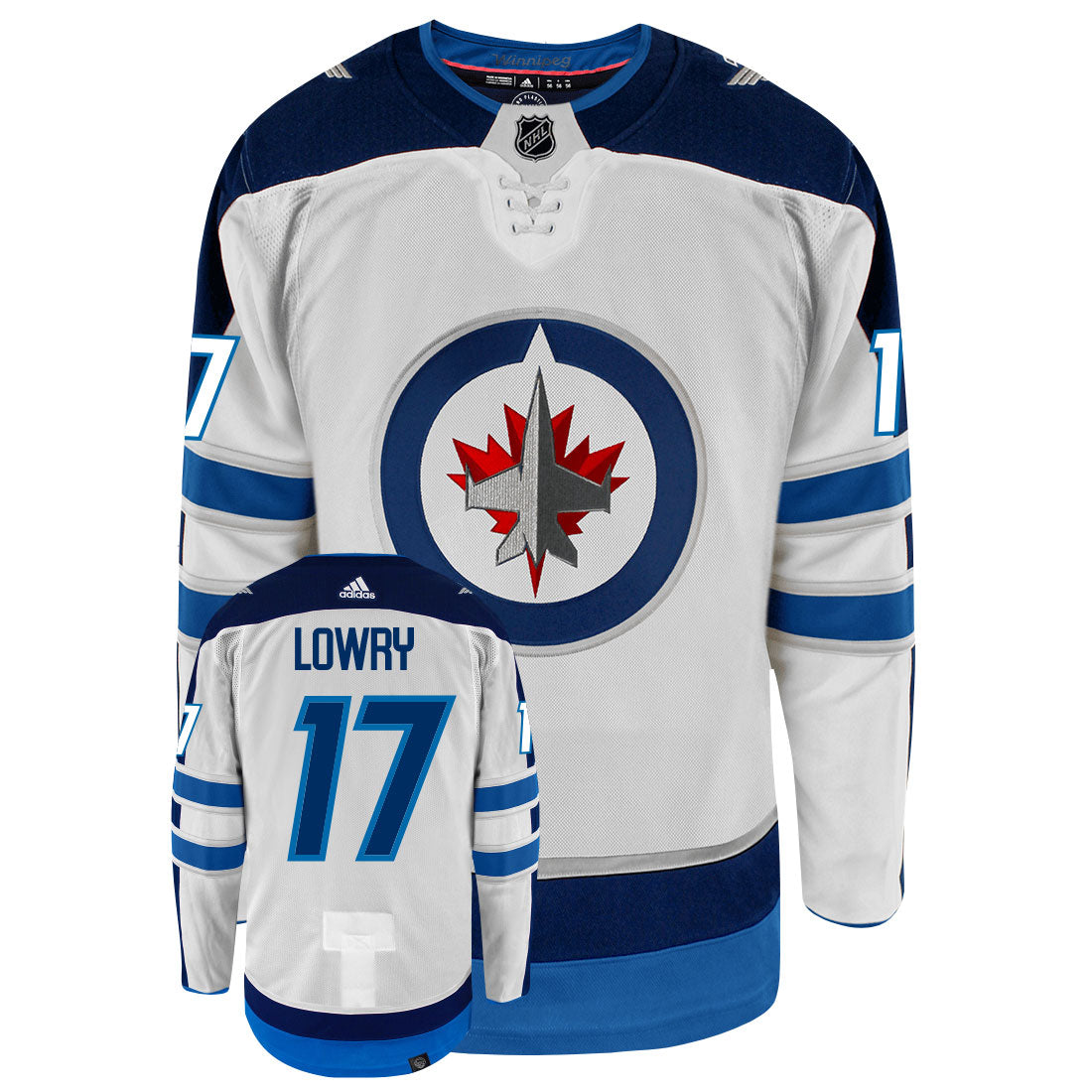 Adam Lowry Winnipeg Jets Adidas Primegreen Authentic Away NHL Hockey Jersey - Front/Back View