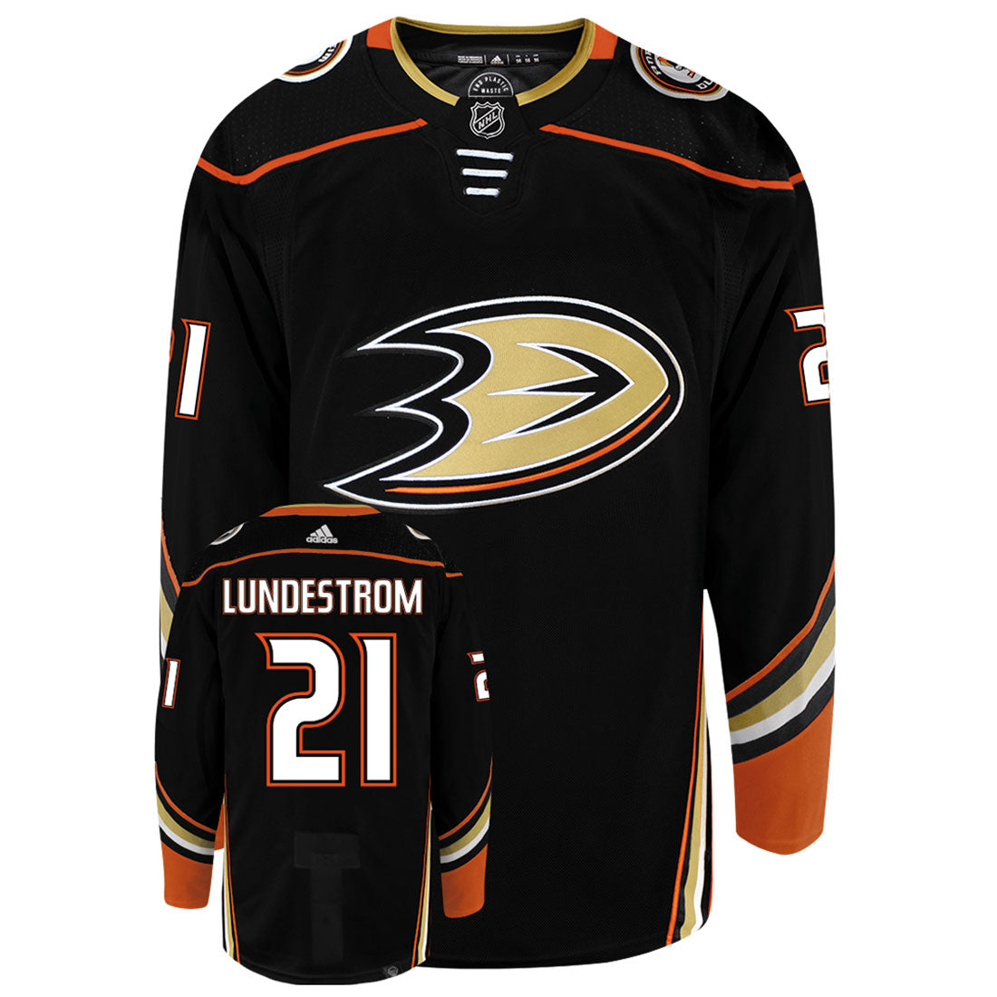 Isac Lundestrom Anaheim Ducks Adidas Primegreen Authentic Home NHL Hockey Jersey - Front/Back View