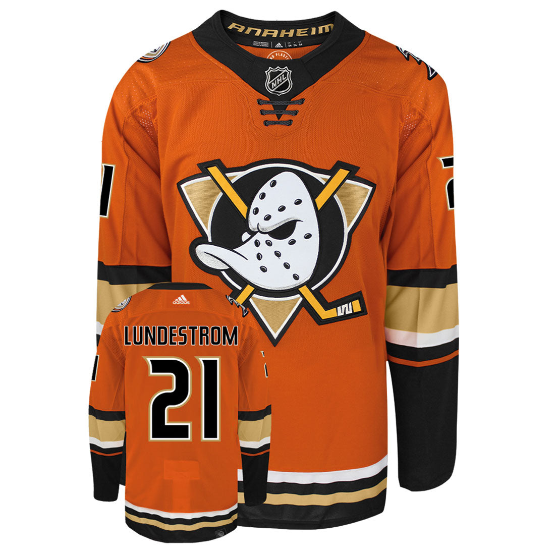 Isac Lundestrom Anaheim Ducks Adidas Primegreen Authentic Third Alternate NHL Hockey Jersey - Front/Back View