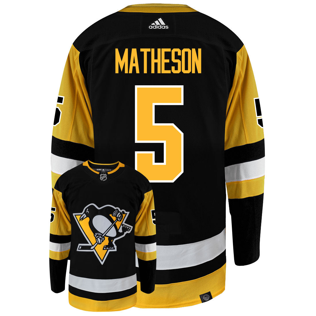 Mike Matheson Pittsburgh Penguins Adidas Primegreen Authentic NHL Hockey Jersey - Back/Front View