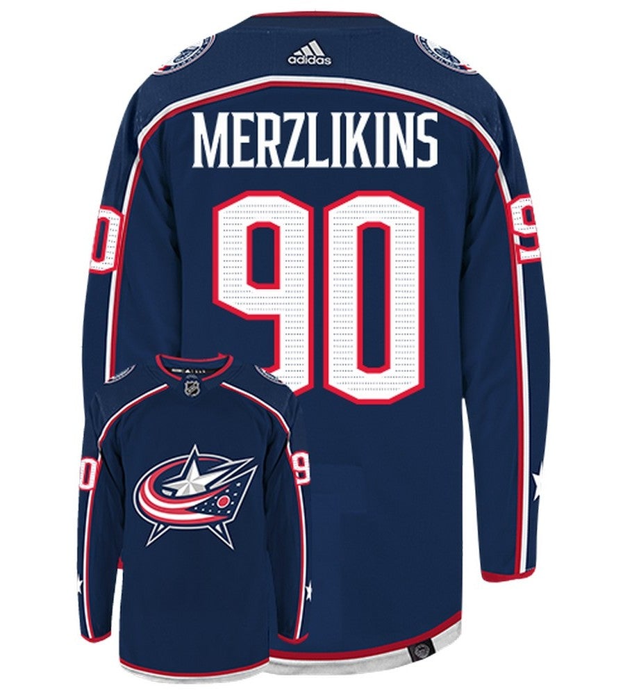 Elvis Merzlikins Columbus Blue Jackets Adidas Primegreen Authentic Home NHL Hockey Jersey - Back/Front View