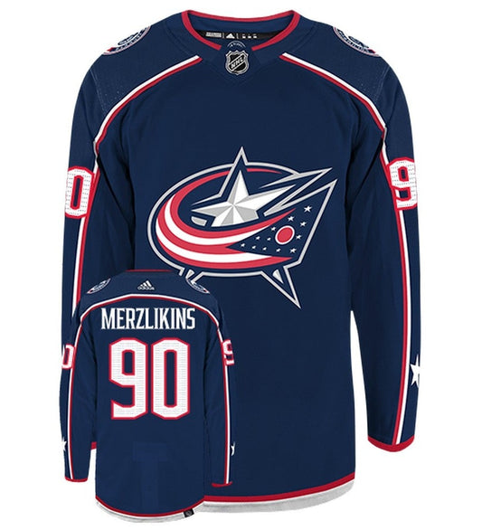 Elvis Merzlikins Columbus Blue Jackets Adidas Primegreen Authentic Home NHL Hockey Jersey - Front/Back View