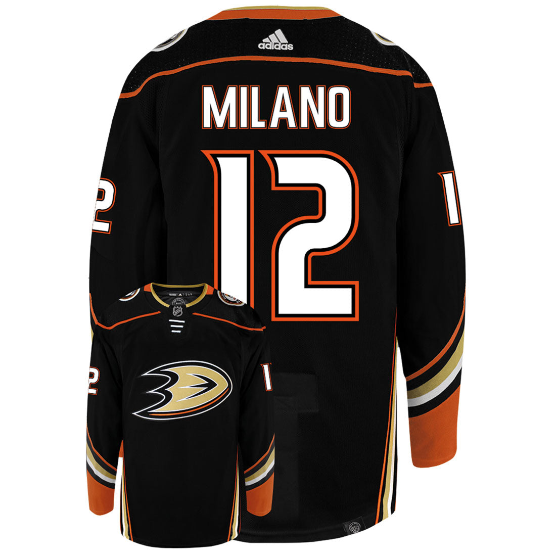 Sonny Milano Anaheim Ducks Adidas Primegreen Authentic Home NHL Hockey Jersey - Back/Front View